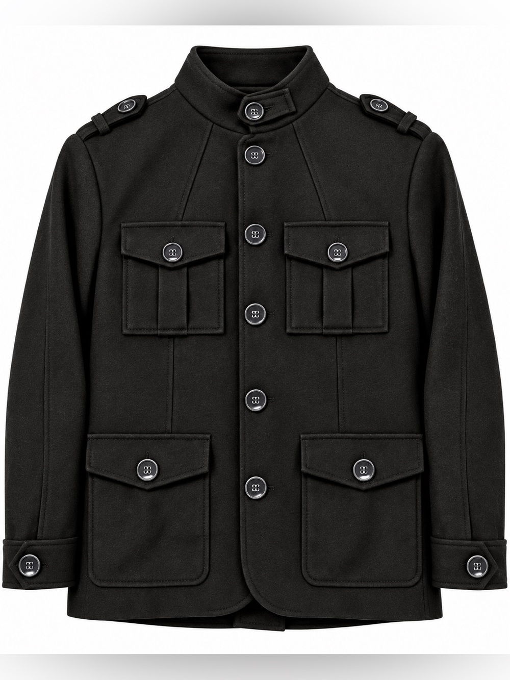 Perry Ellis Men’s Black Wool Blend Military Field Jacket Epaulet 4 Pocket
